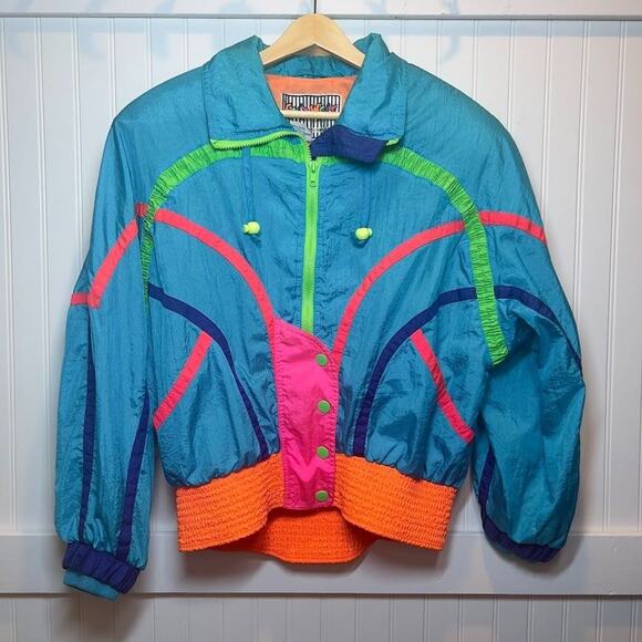 Vintage 80s East West Neon Bright Windbreaker Jacket Ski Style Panda Group Snow - Picture 1 of 7